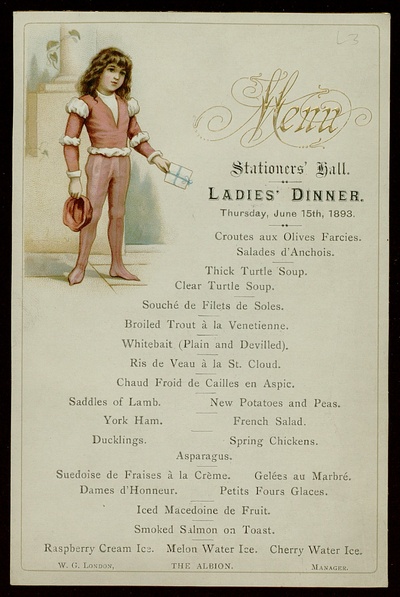In the left-hand corner of the menu is a page-boy dressed in pink, apparently presenting an invitation to the dinner. The menu includes two types of turtle soup, three types of fish, six meat dishes, and four desserts, plus starters, entremets and ices.