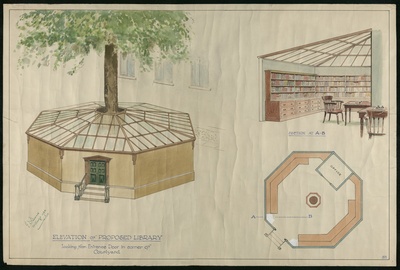 Pen and watercolour elevation, section and plan of an octagonal building with sloping glass roof built around the trunk of a tree. The section shows the interior walls lined with bookshelves and plan-chest drawers, with desks and chairs occupying the inner ring. The drawings are signed 'F.D. Bone, 30 Sept 1930.'